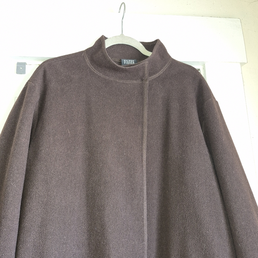 Eileen Fisher Dark Brown Mock Neck knee-length, relaxed fit wool coat, 1X - Picture 2 of 14